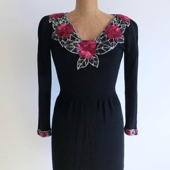 Vintage Don Sayres Black Wool Knit Dress with Sequins Neckline - Holiday Dress - Picture 5 of 9